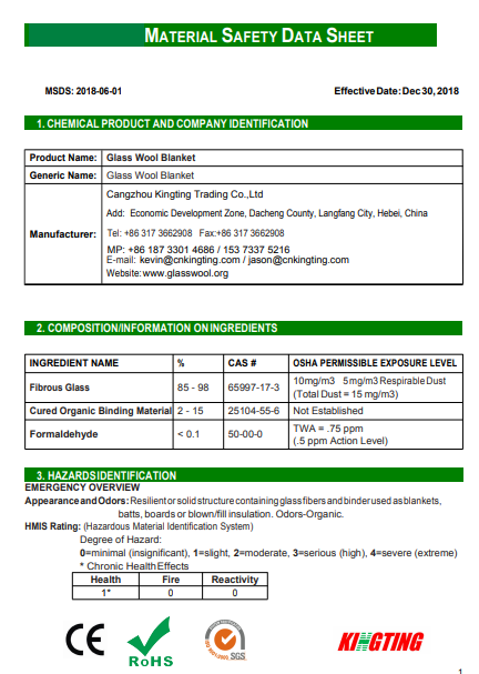 MSDS Of KINGTING Glass wool roll